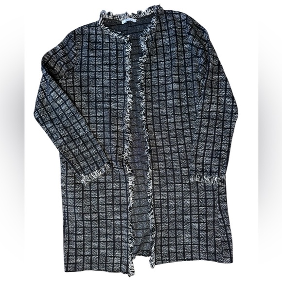 Zara Black White Grid Check Tweed Fringe Cardigan Jacket Small - Picture 1 of 4